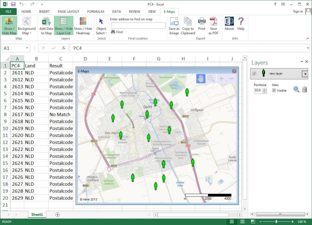 Postcode 4 geocoderen in Excel - E-Maps