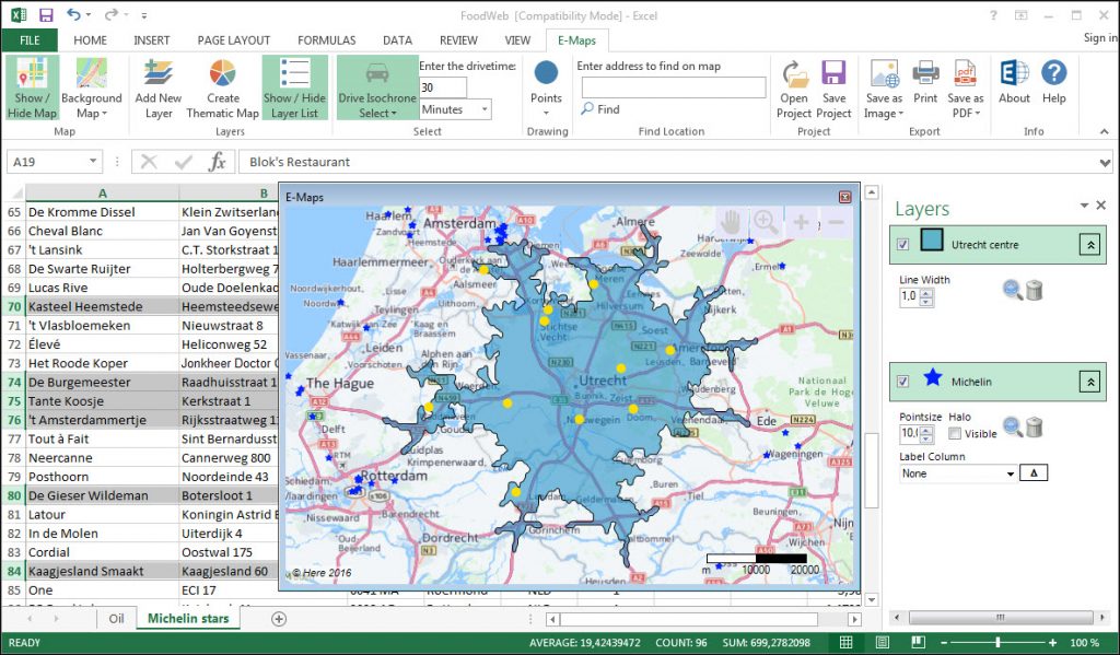 E-Maps Advanced for time and distance selections - the best map in Excel